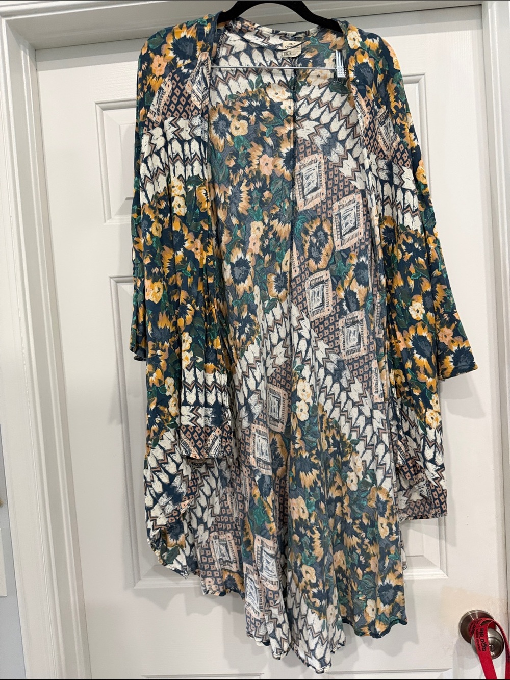 O'Neill Printed Open Front Kimono in Teal, Mustard, Cream